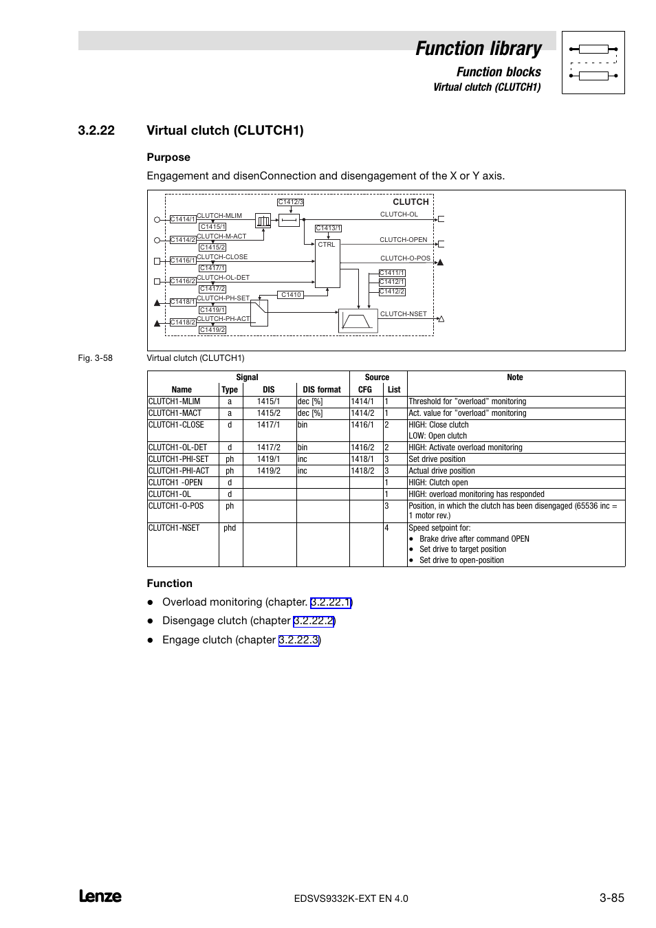 22 virtual clutch (clutch1), Virtual clutch (clutch1), Function library | Function blocks, Function | Lenze EVS9332xK User Manual | Page 113 / 386