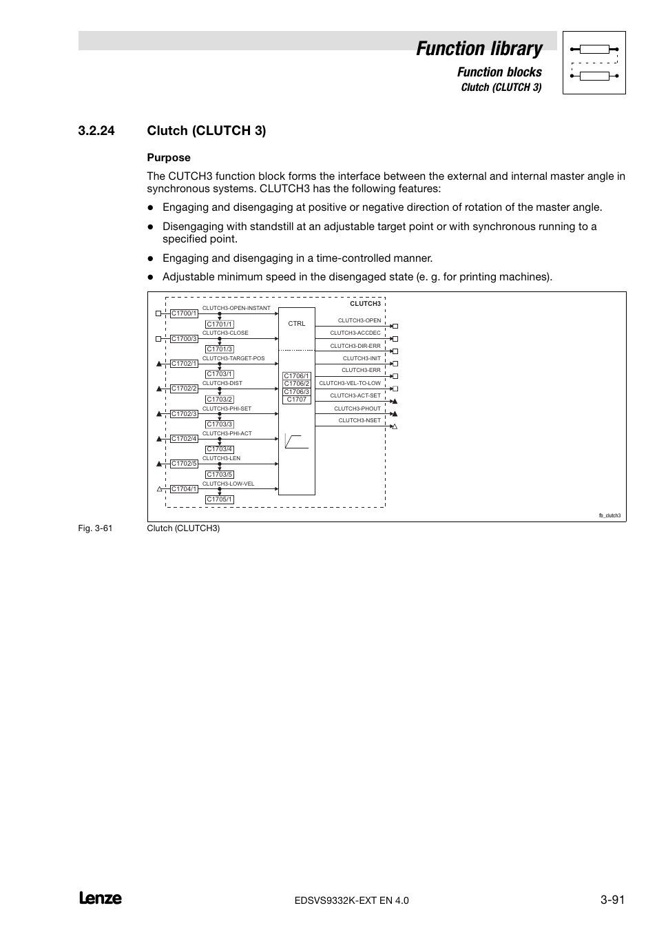 24 clutch (clutch 3), Clutch (clutch 3), Function library | Function blocks | Lenze EVS9332xK User Manual | Page 119 / 386