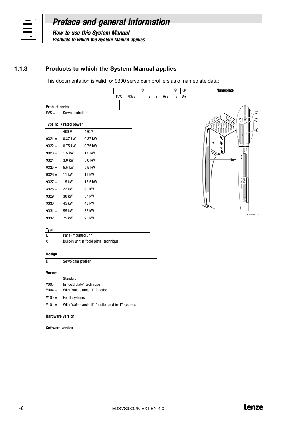 3 products to which the system manual applies, Products to which the system manual applies, Preface and general information | How to use this system manual | Lenze EVS9332xK User Manual | Page 12 / 386