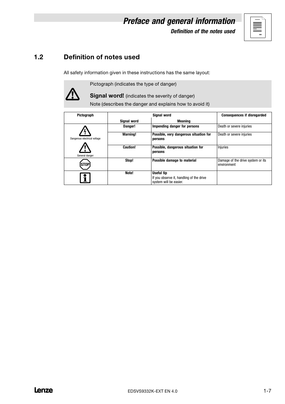 2 definition of notes used, Definition of notes used, Preface and general information | Lenze EVS9332xK User Manual | Page 13 / 386