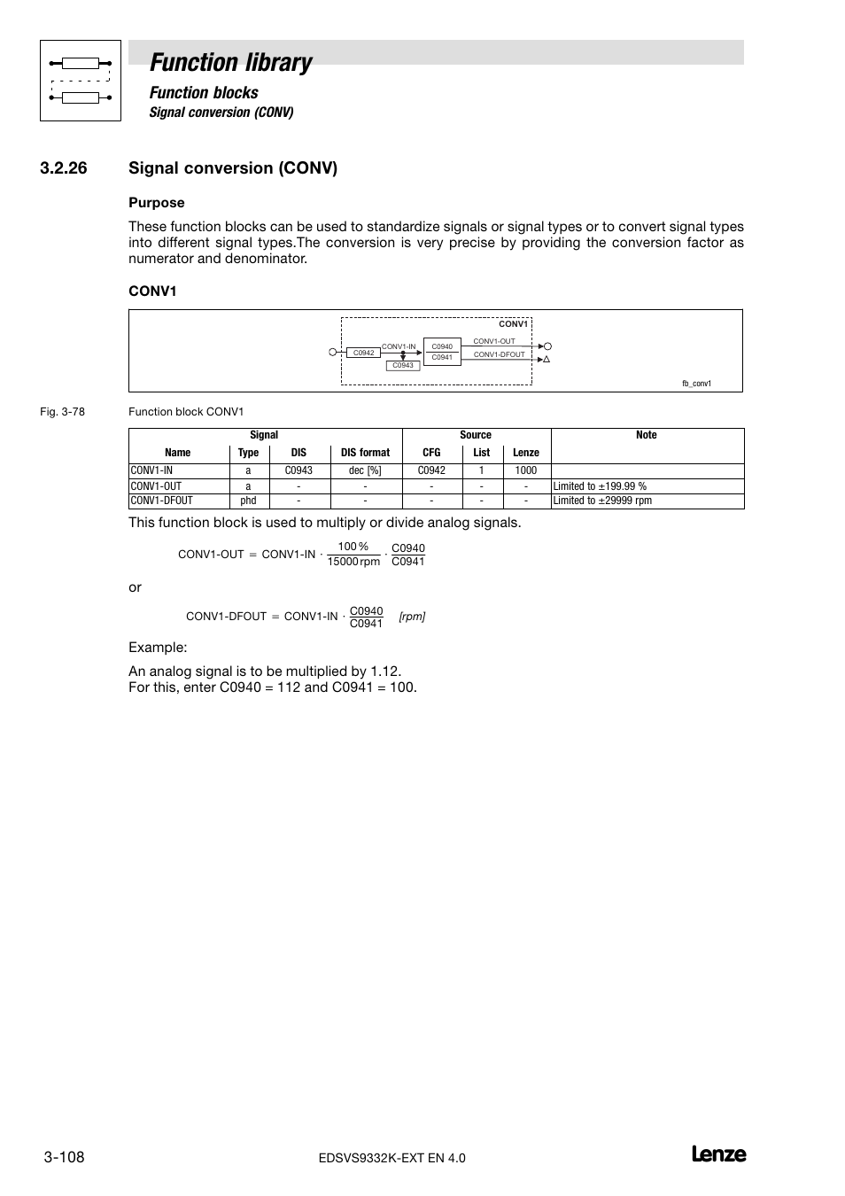 26 signal conversion (conv), Signal conversion (conv), Function library | Function blocks | Lenze EVS9332xK User Manual | Page 136 / 386