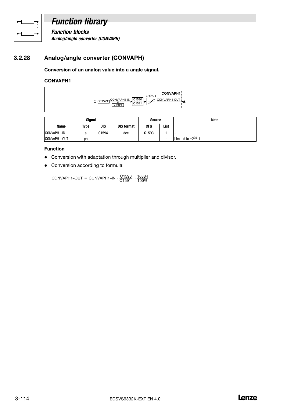 28 analog/angle converter (convaph), Analog/angle converter (convaph), Function library | Function blocks | Lenze EVS9332xK User Manual | Page 142 / 386