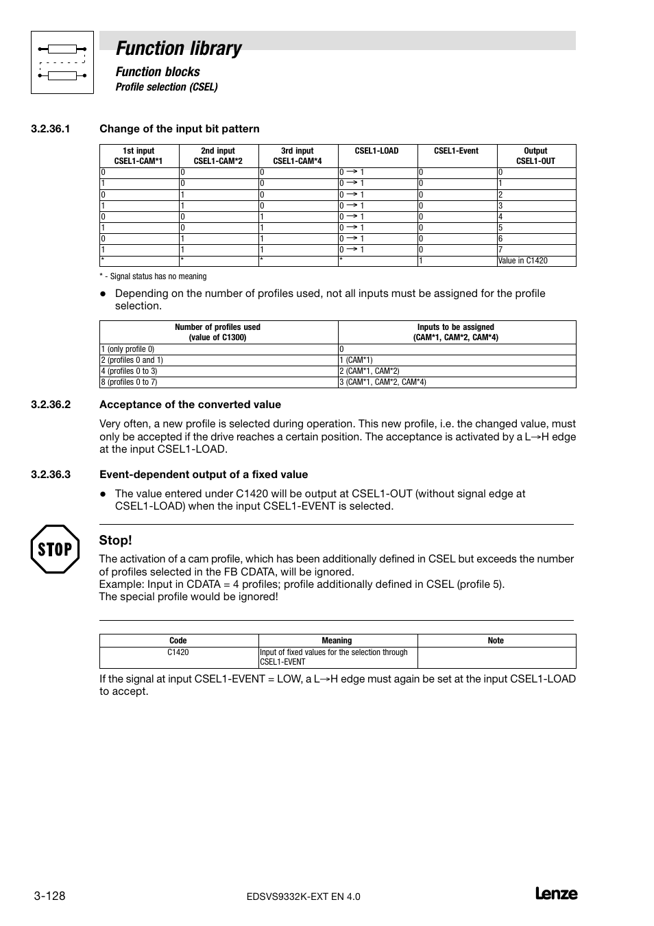 Function library, Function blocks, Stop | Lenze EVS9332xK User Manual | Page 156 / 386