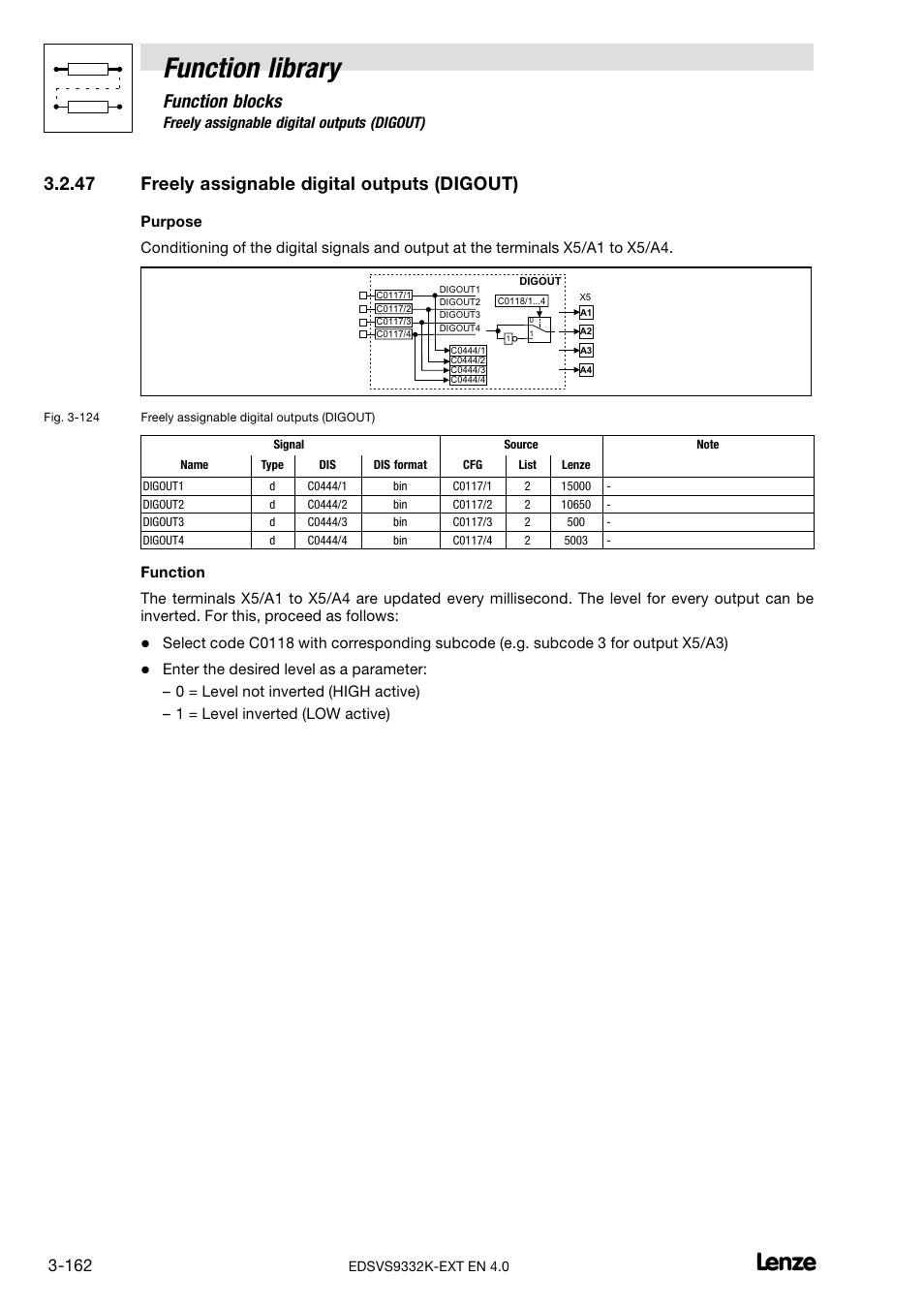 47 freely assignable digital outputs (digout), Freely assignable digital outputs (digout), Function library | Function blocks | Lenze EVS9332xK User Manual | Page 190 / 386