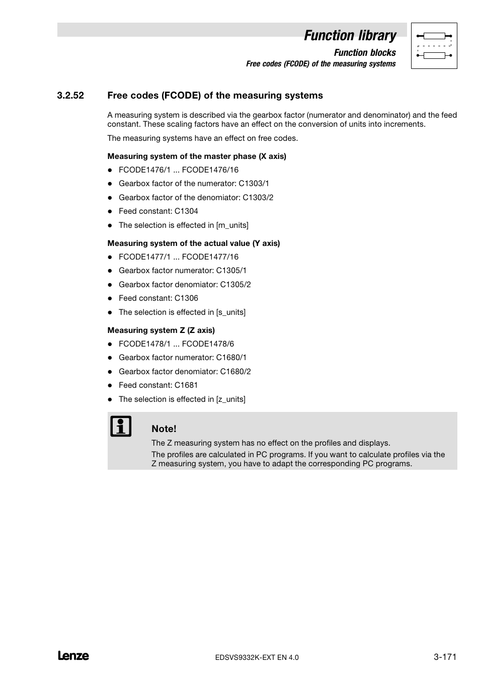 52 free codes (fcode) of the measuring systems, Free codes (fcode) of the measuring systems, Function library | Lenze EVS9332xK User Manual | Page 199 / 386