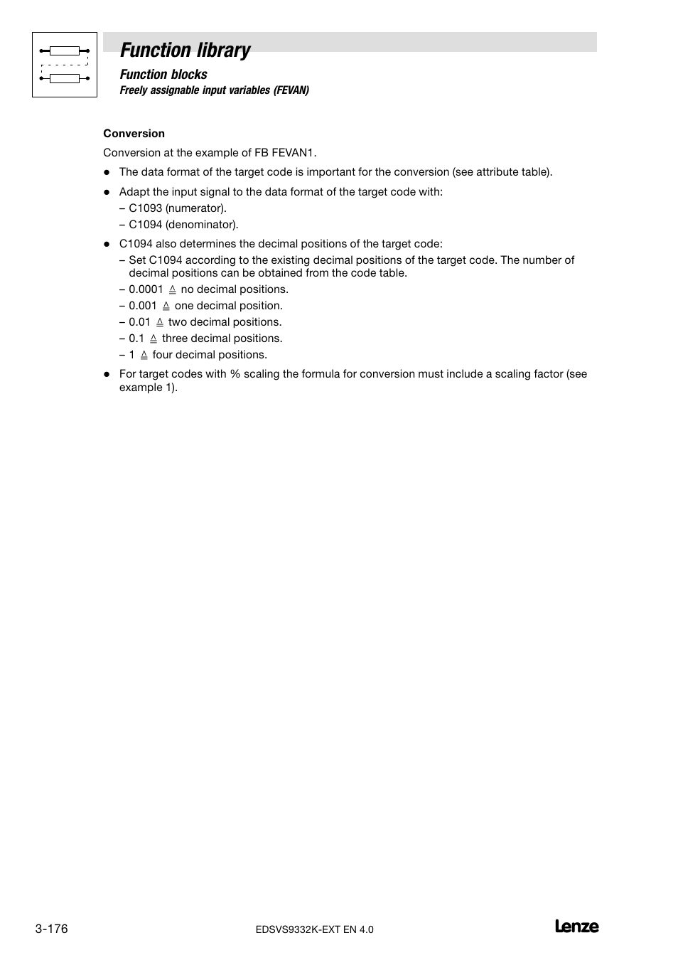 Function library | Lenze EVS9332xK User Manual | Page 204 / 386