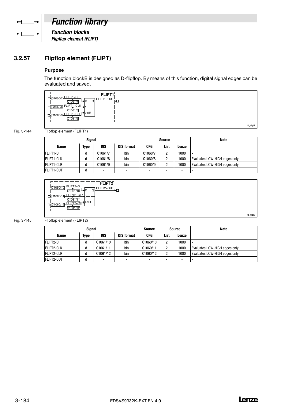 57 flipflop element (flipt), Flipflop element (flipt), Function library | Function blocks | Lenze EVS9332xK User Manual | Page 212 / 386