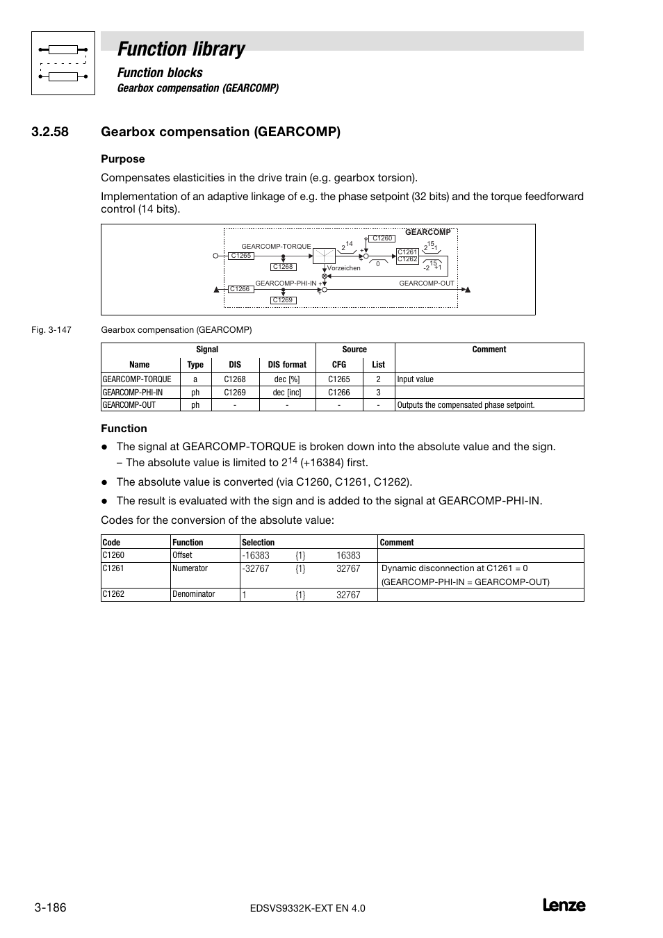 58 gearbox compensation (gearcomp), Gearbox compensation (gearcomp), Function library | Function blocks | Lenze EVS9332xK User Manual | Page 214 / 386