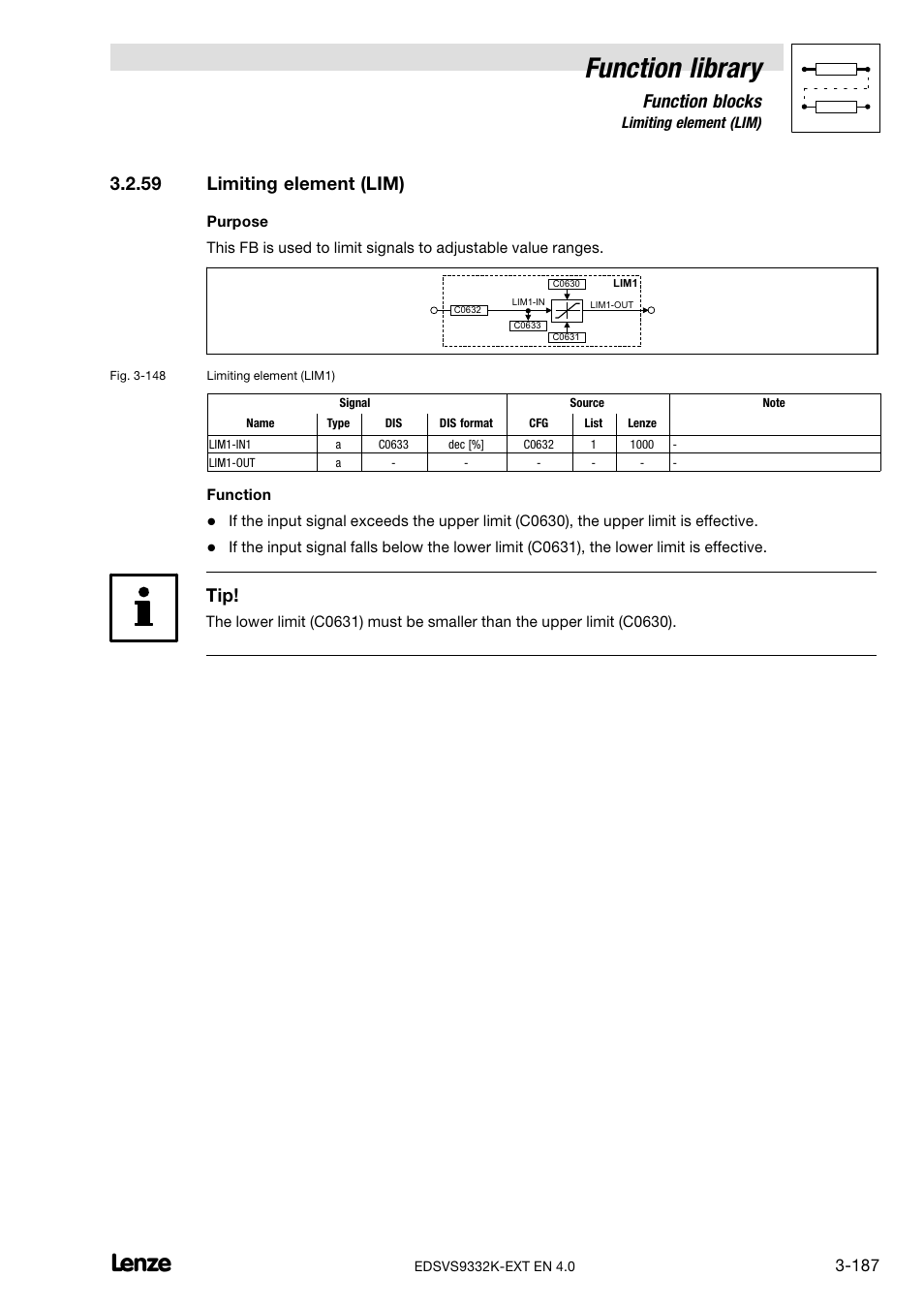 59 limiting element (lim), Limiting element (lim), Function library | Function blocks | Lenze EVS9332xK User Manual | Page 215 / 386