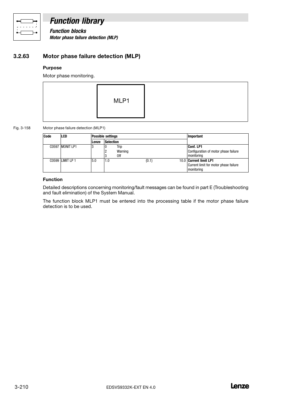 63 motor phase failure detection (mlp), Motor phase failure detection (mlp), Function library | Mlp1, Function blocks | Lenze EVS9332xK User Manual | Page 238 / 386