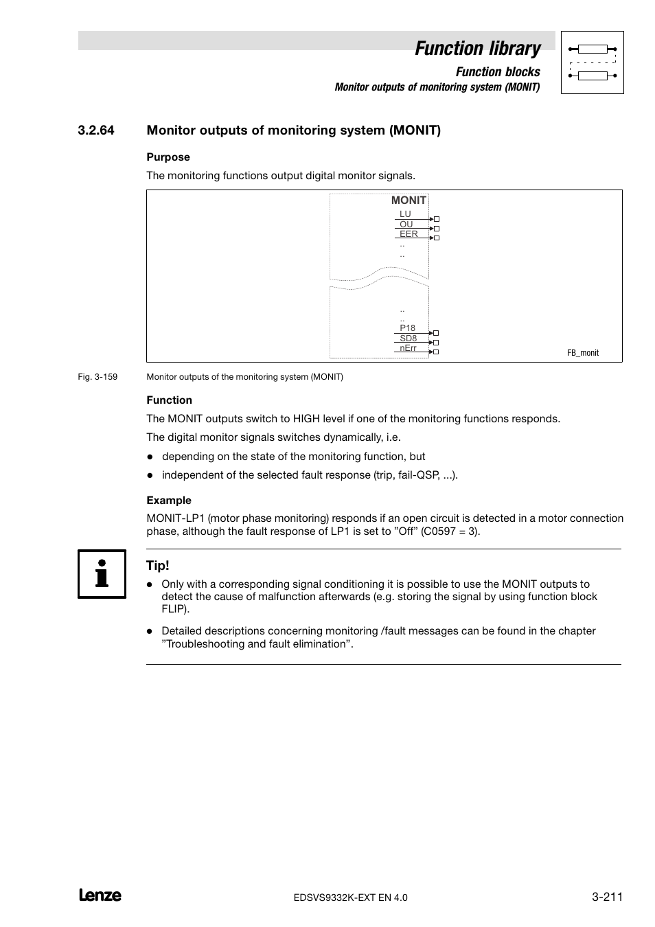 64 monitor outputs of monitoring system (monit), Monitor outputs of monitoring system (monit), Function library | Function blocks | Lenze EVS9332xK User Manual | Page 239 / 386