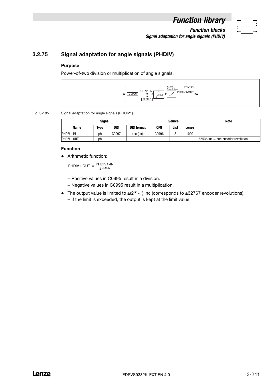 75 signal adaptation for angle signals (phdiv), Signal adaptation for angle signals (phdiv), Function library | Function blocks | Lenze EVS9332xK User Manual | Page 269 / 386