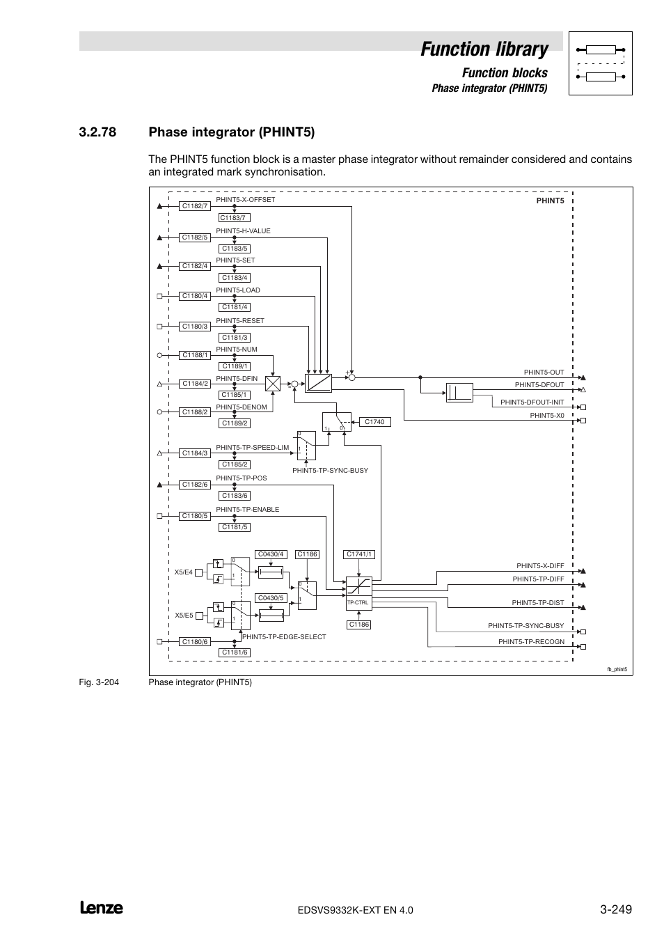 78 phase integrator (phint5), Phase integrator (phint5), Function library | Function blocks | Lenze EVS9332xK User Manual | Page 277 / 386