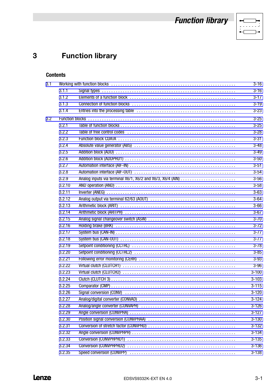 3 function library, Function library, 3function library | Lenze EVS9332xK User Manual | Page 29 / 386