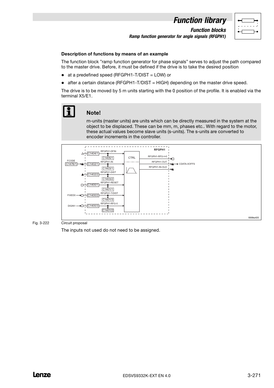 Function library, Function blocks, At a predefined speed (rfgph1−t/dist = low) or | The inputs not used do not need to be assigned | Lenze EVS9332xK User Manual | Page 299 / 386