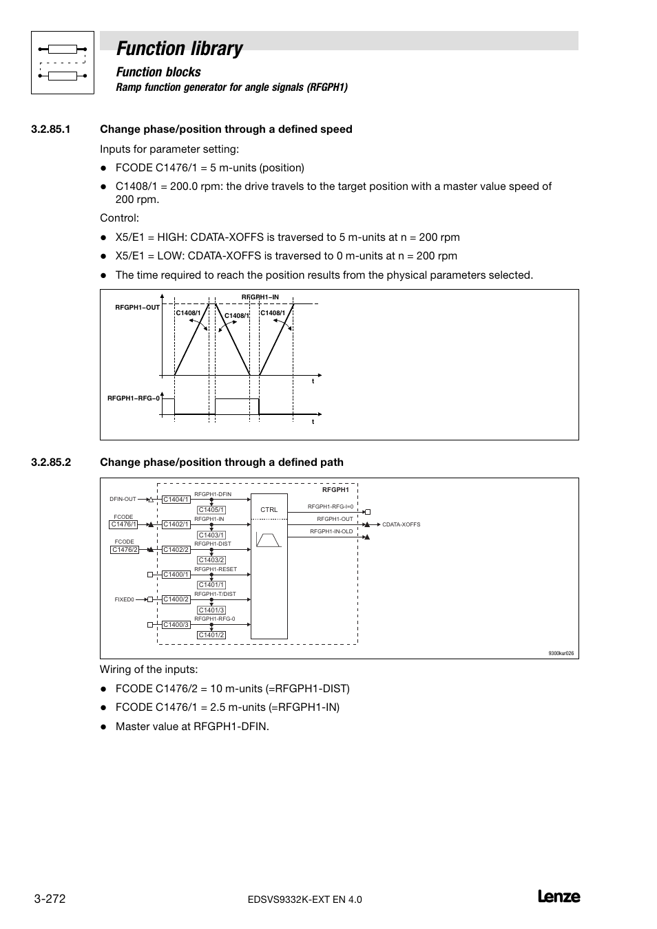 Function library, Function blocks, 2 change phase/position through a defined path | Wiring of the inputs, Master value at rfgph1−dfin | Lenze EVS9332xK User Manual | Page 300 / 386