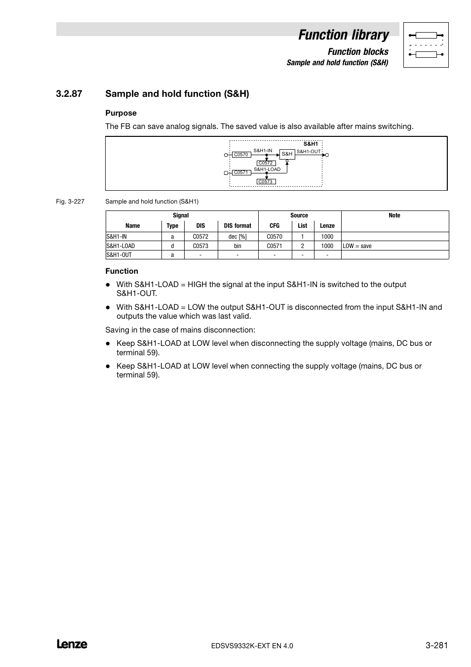 87 sample and hold function (s&h), Sample and hold function (s&h), Function library | Function blocks | Lenze EVS9332xK User Manual | Page 309 / 386