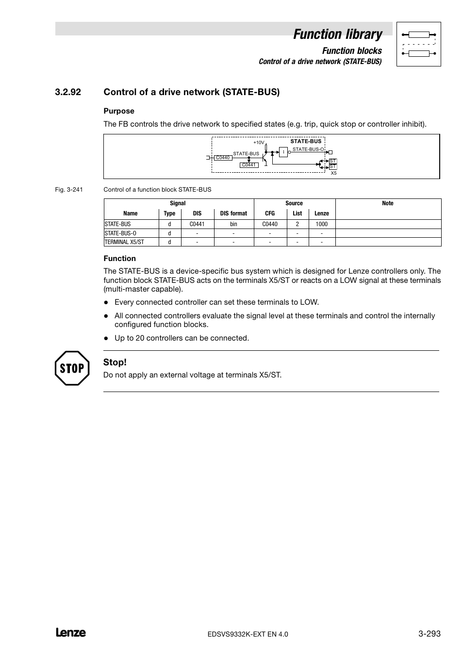 92 control of a drive network (state-bus), Control of a drive network (state−bus), Function library | Function blocks, 92 control of a drive network (state−bus), Stop | Lenze EVS9332xK User Manual | Page 321 / 386