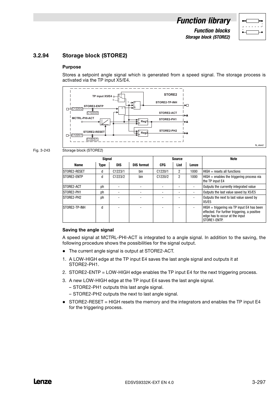 94 storage block (store2), Storage block (store2), Function library | Function blocks | Lenze EVS9332xK User Manual | Page 325 / 386