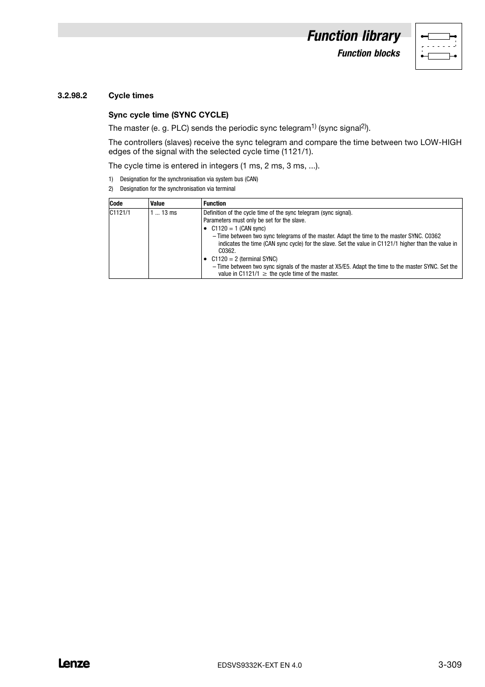 Cycle times (chapter 3.2.98.2), Function library, Function blocks | Lenze EVS9332xK User Manual | Page 337 / 386