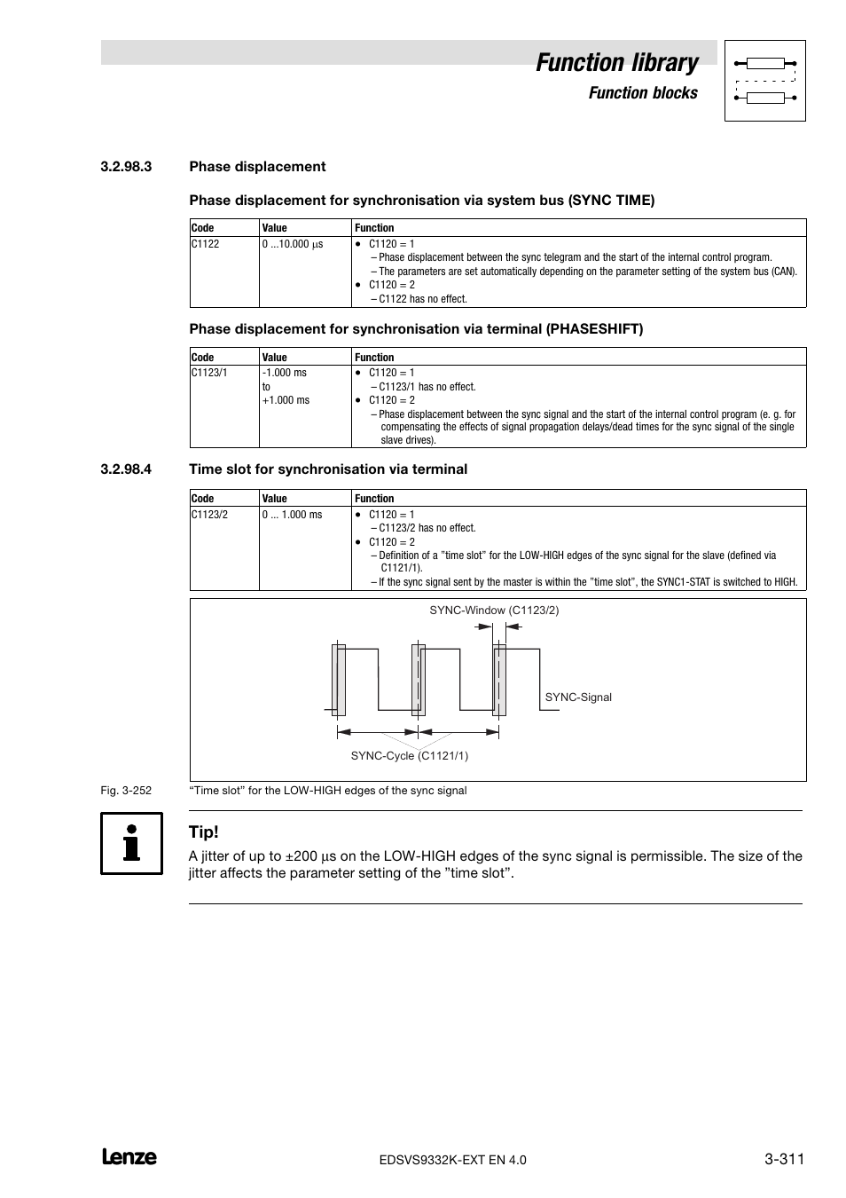 Phase displacement (chapter 3.2.98.3), Function library, Function blocks | Lenze EVS9332xK User Manual | Page 339 / 386