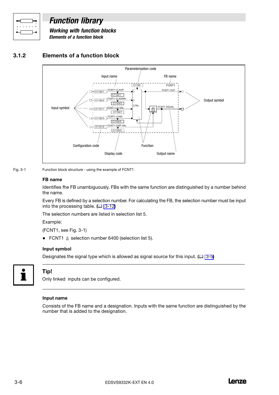 2 elements of a function block, Elements of a function block, Function library | Working with function blocks | Lenze EVS9332xK User Manual | Page 34 / 386