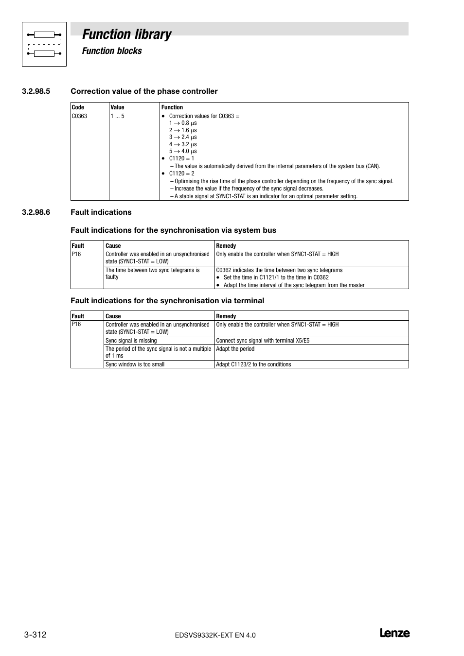 Oller (sync correct) (chapter 3.2.98.5), Fault indications (chapter 3.2.98.6), Function library | Function blocks | Lenze EVS9332xK User Manual | Page 340 / 386