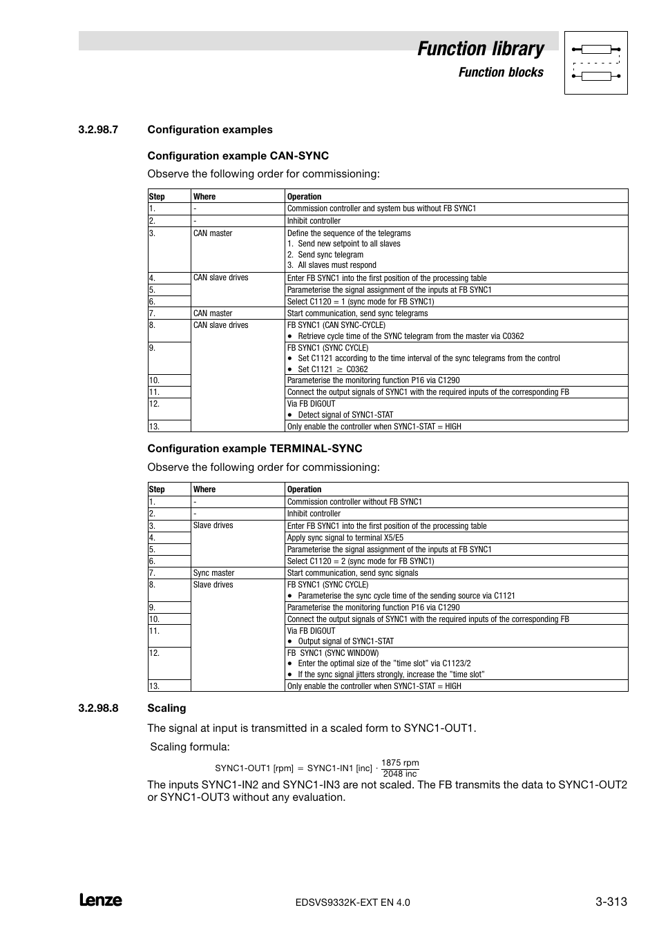 Configuration examples (chapter 3.2.98.7), Scaling (chapter 3.2.98.8), Function library | Function blocks | Lenze EVS9332xK User Manual | Page 341 / 386