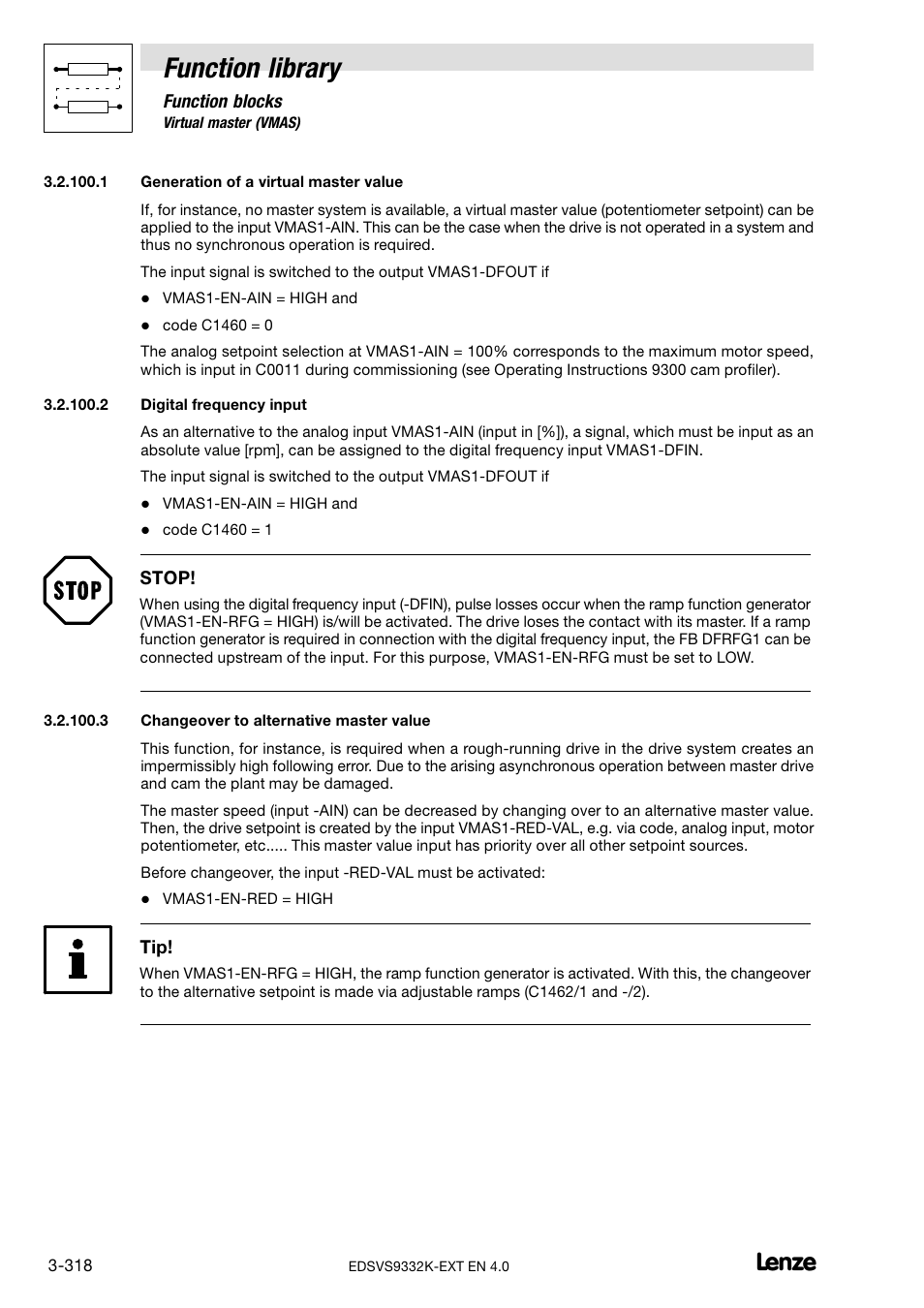 Equency) (chapter 3.2.100.1), Equency input (chapter 3.2.100.2), Native master value (chapter 3.2.100.3) | Function library | Lenze EVS9332xK User Manual | Page 346 / 386