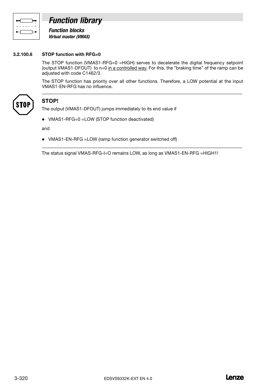 Stop function with vmas1−rfg=0 (chapter 3.2.100.6), Function library | Lenze EVS9332xK User Manual | Page 348 / 386