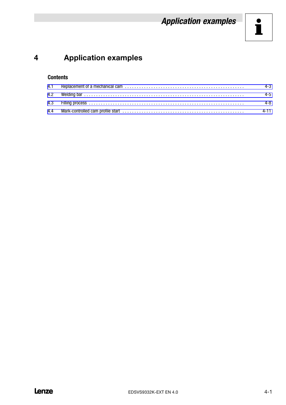 4 application examples, Application examples, 4application examples | Lenze EVS9332xK User Manual | Page 361 / 386