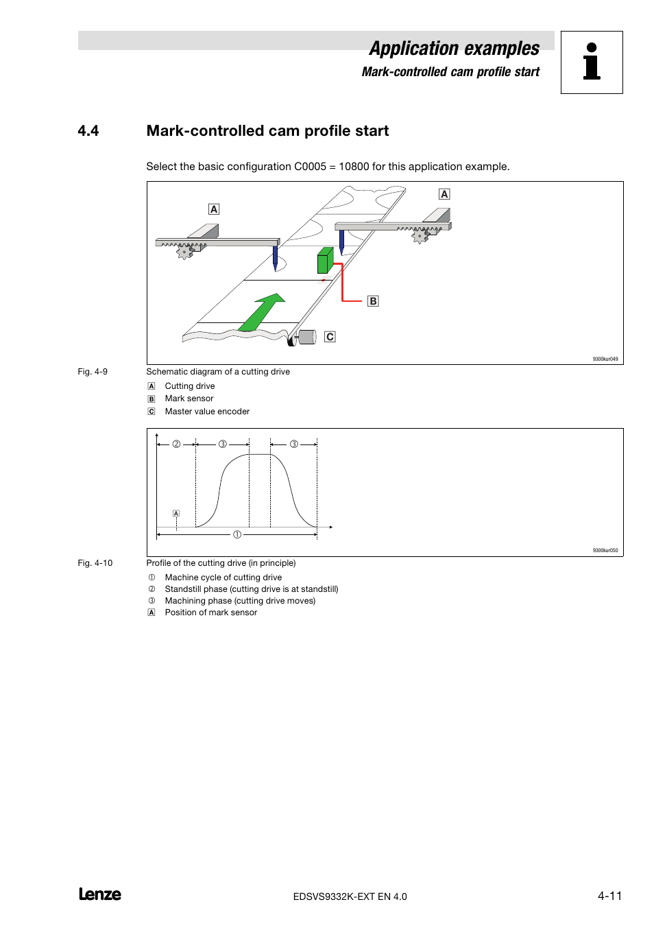 4 mark-controlled cam profile start, Mark−controlled cam profile start, Application examples | 4 mark−controlled cam profile start | Lenze EVS9332xK User Manual | Page 371 / 386