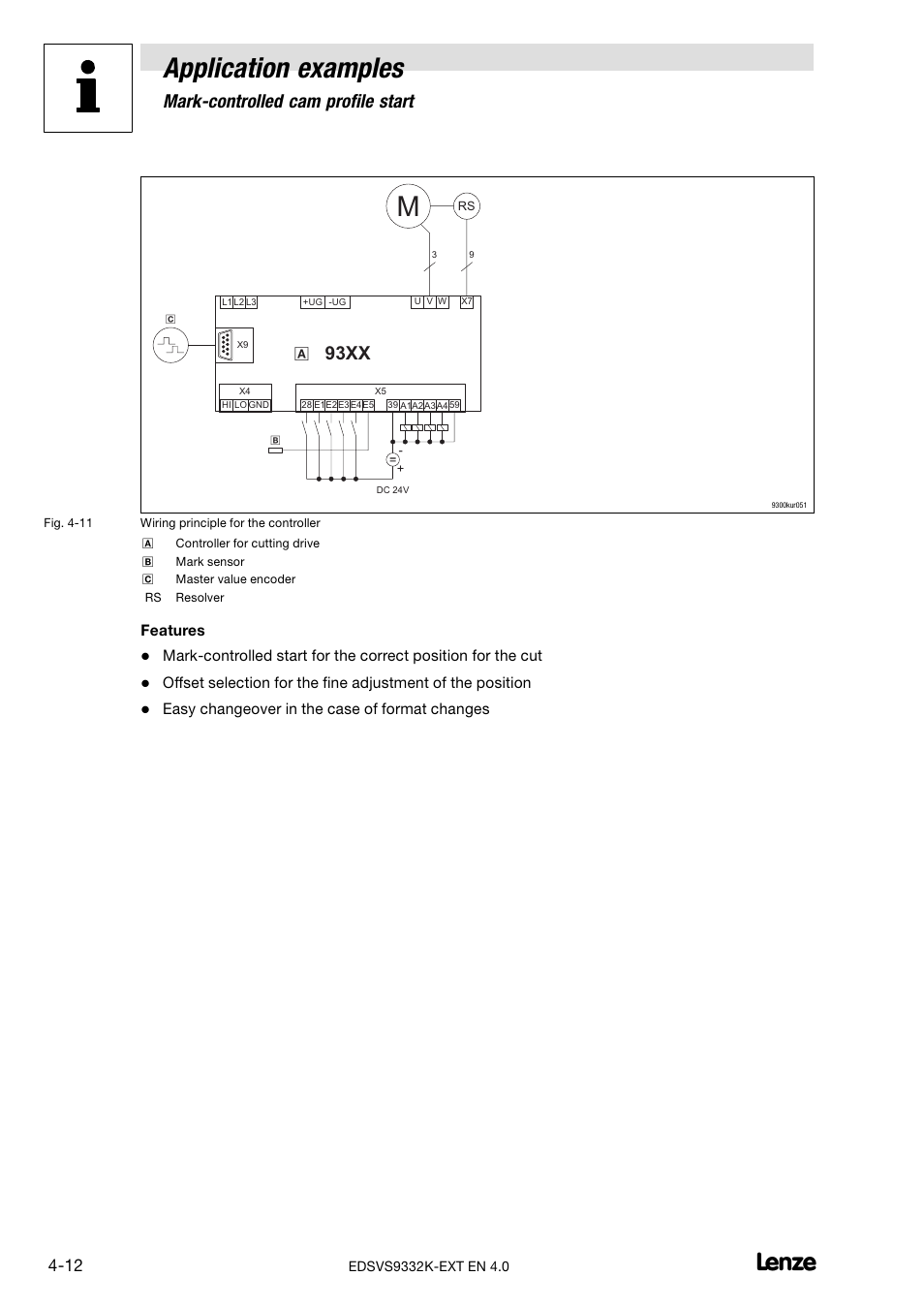 Application examples, 4 mark−controlled cam profile start, 93xx | Lenze EVS9332xK User Manual | Page 372 / 386