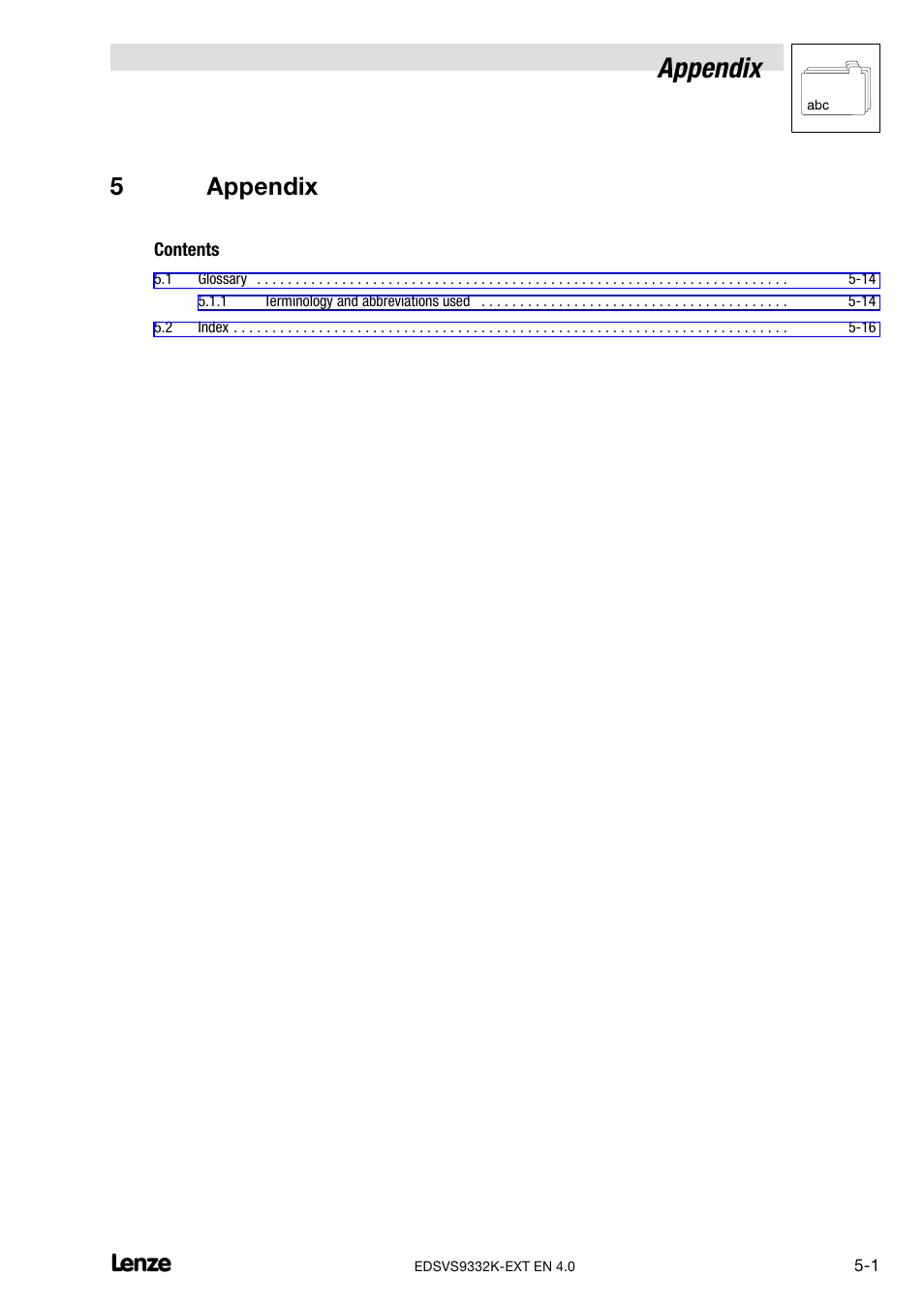 5 appendix, Appendix, 5appendix | Lenze EVS9332xK User Manual | Page 375 / 386