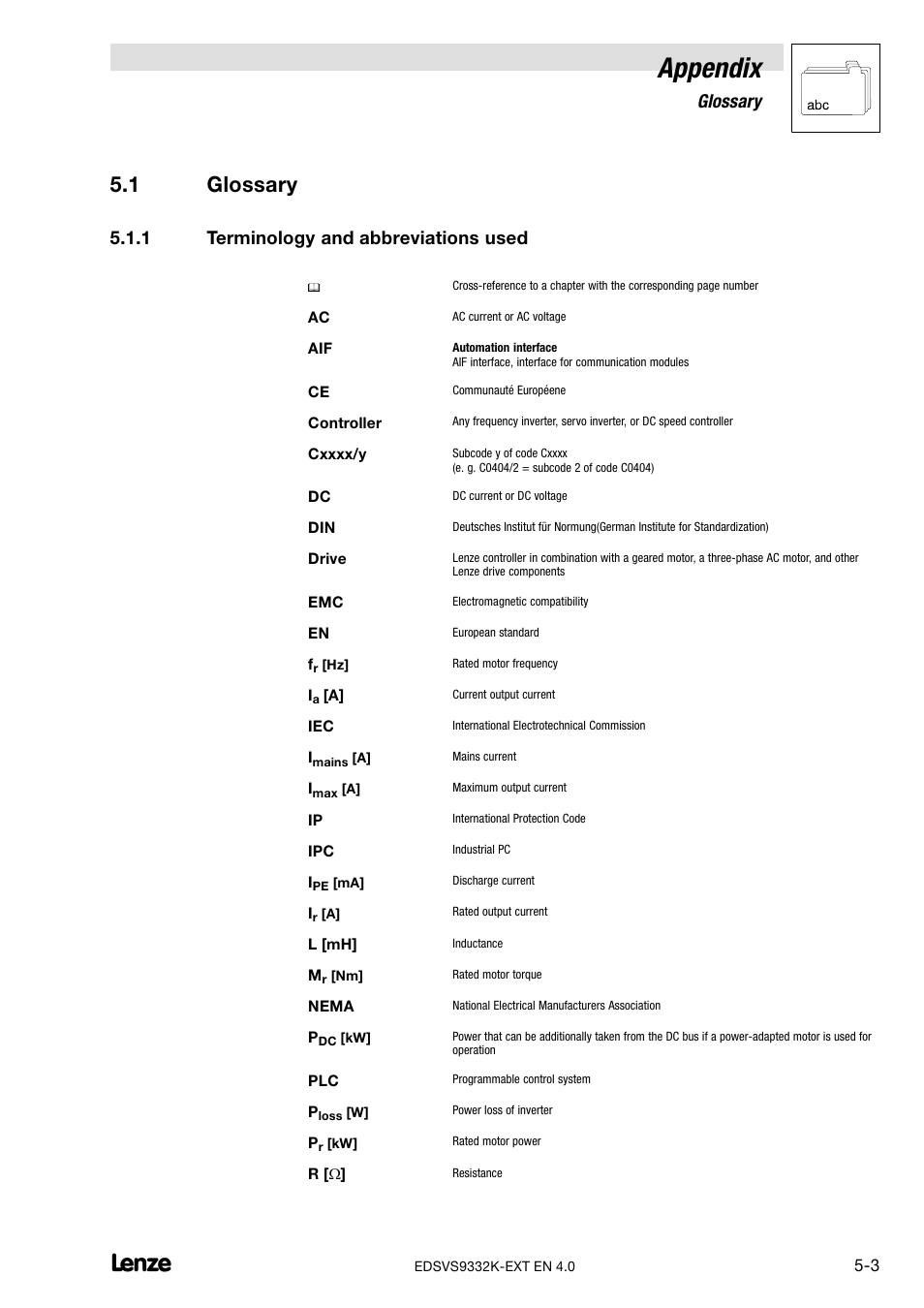 1 glossary, 1 terminology and abbreviations used, Glossary | Terminology and abbreviations used, Appendix | Lenze EVS9332xK User Manual | Page 377 / 386