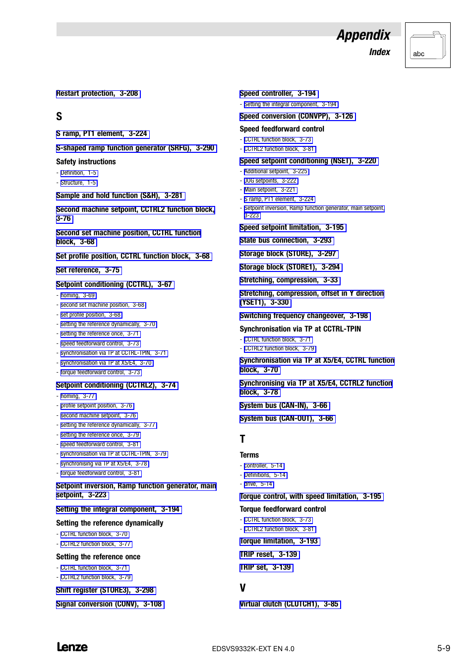 Appendix, 2 index | Lenze EVS9332xK User Manual | Page 383 / 386