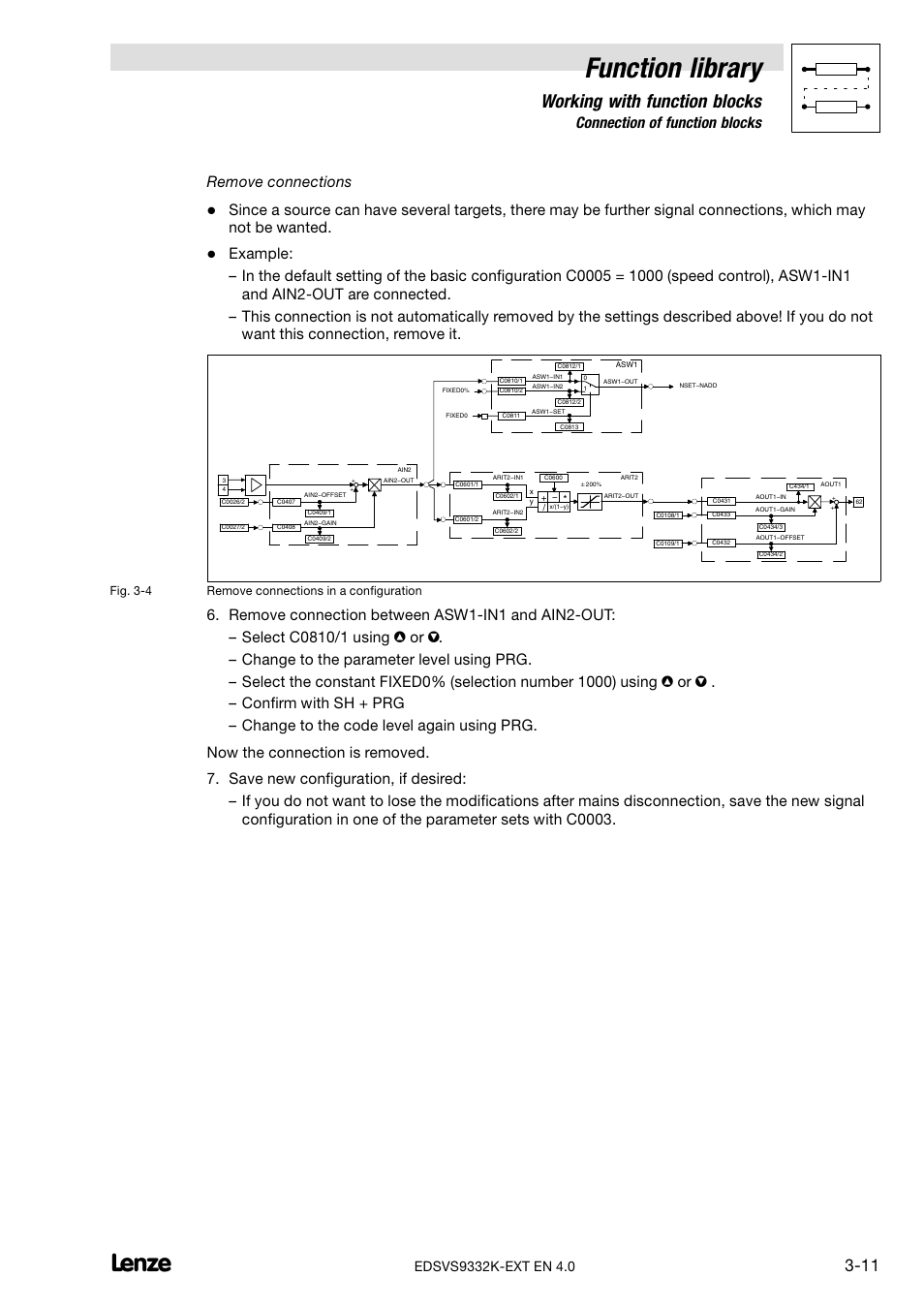 Function library, Working with function blocks, 3 connection of function blocks | Remove connections | Lenze EVS9332xK User Manual | Page 39 / 386