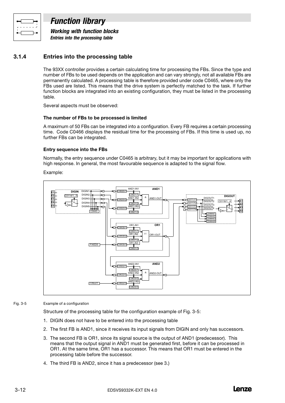 4 entries into the processing table, Entries into the processing table, Function library | Working with function blocks | Lenze EVS9332xK User Manual | Page 40 / 386