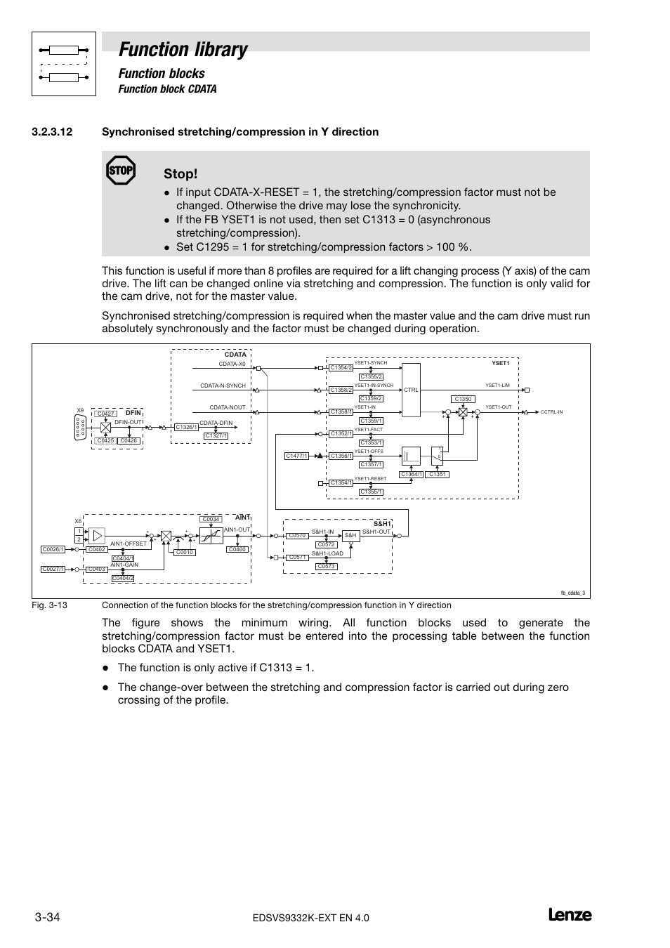 Function library, Function blocks, Stop | 3 function block cdata | Lenze EVS9332xK User Manual | Page 62 / 386