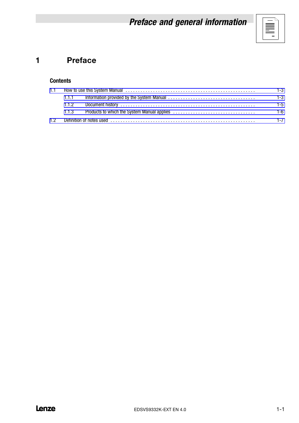 1 preface, Preface, Preface and general information | 1preface | Lenze EVS9332xK User Manual | Page 7 / 386