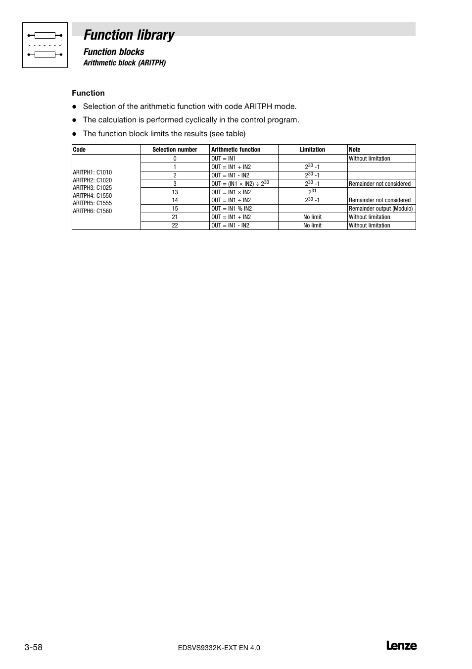 Function library, Function blocks | Lenze EVS9332xK User Manual | Page 86 / 386