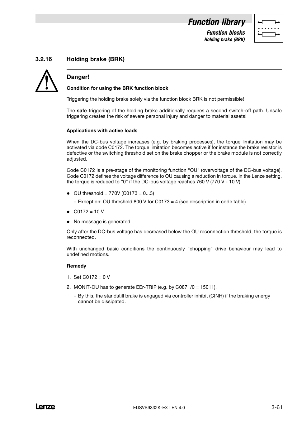 16 holding brake (brk), Holding brake (brk), Function library | Lenze EVS9332xK User Manual | Page 89 / 386