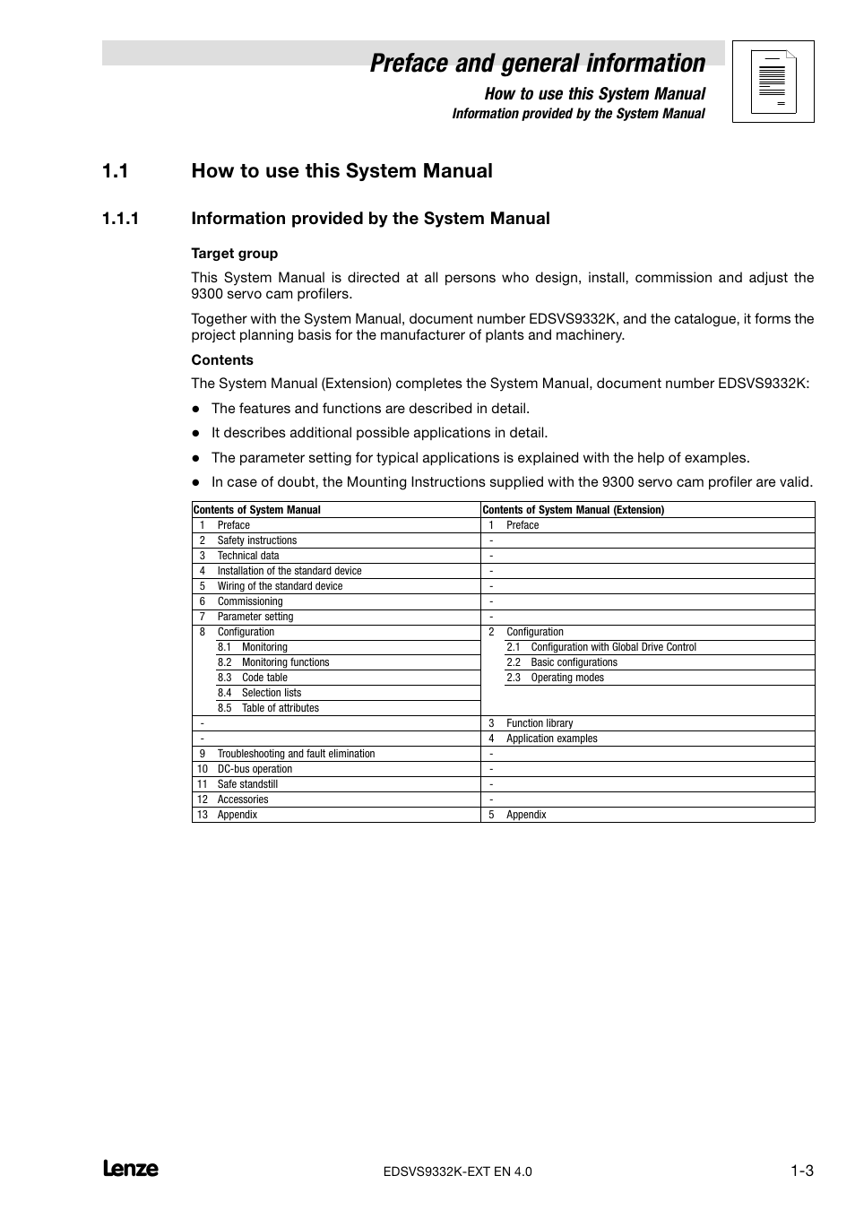 1 how to use this system manual, 1 information provided by the system manual, How to use this system manual | Information provided by the system manual, Preface and general information | Lenze EVS9332xK User Manual | Page 9 / 386