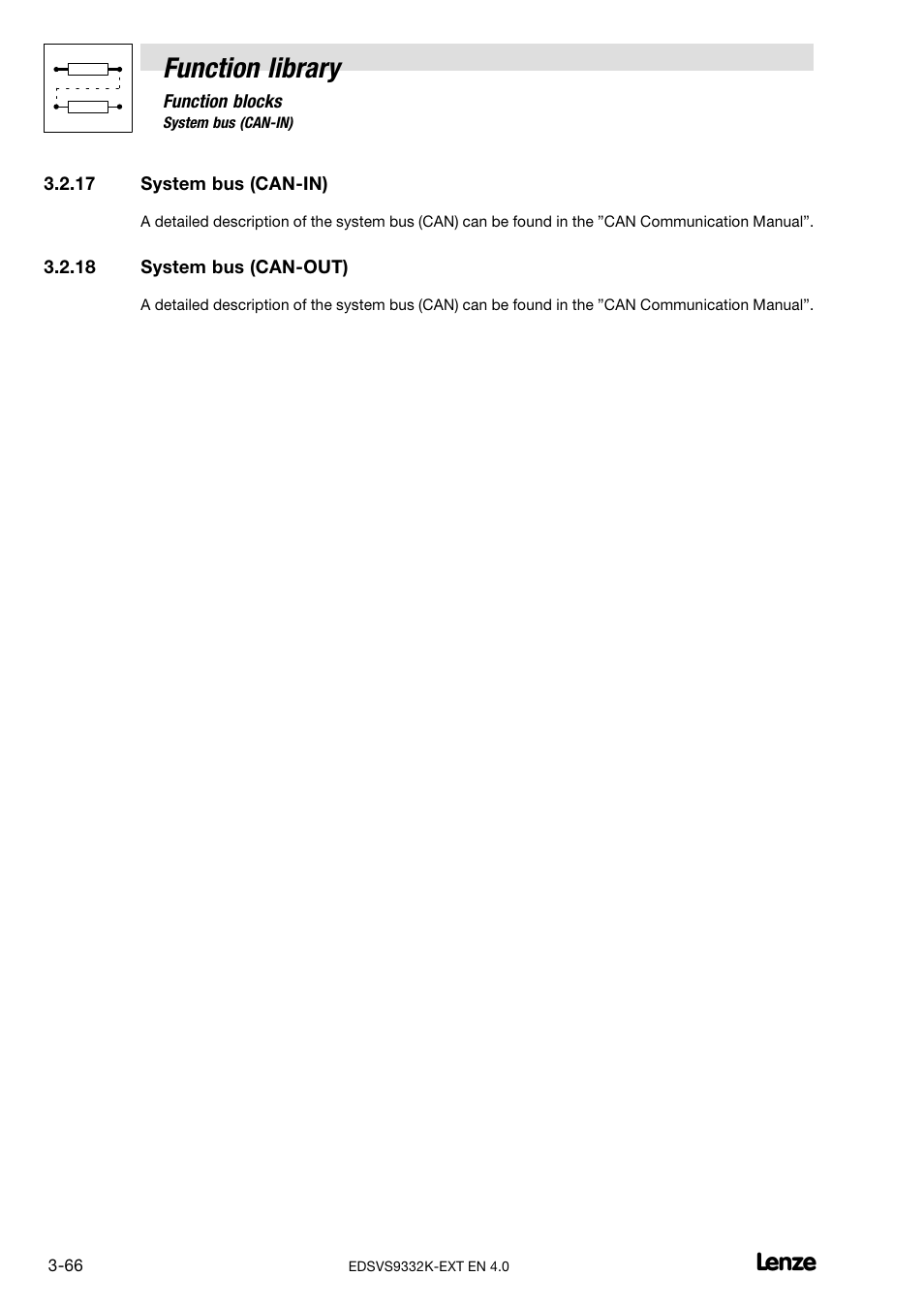 17 system bus (can-in), 18 system bus (can-out), System bus (can−in) | System bus (can−out), Function library | Lenze EVS9332xK User Manual | Page 94 / 386