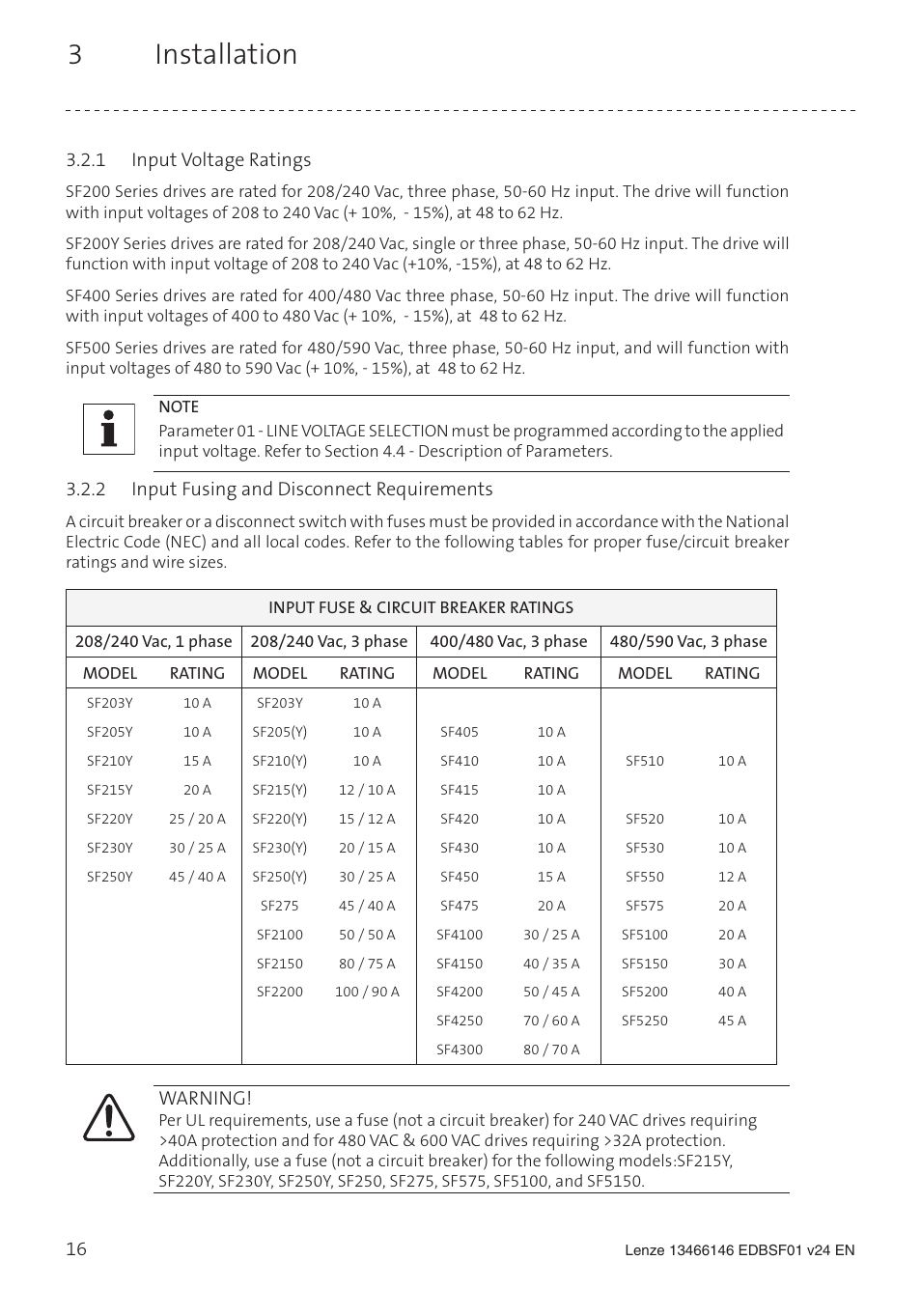 3 installation, 1 input voltage ratings, 2 input fusing and disconnect requirements | Warning | Lenze SCF frequency inverter User Manual | Page 16 / 68