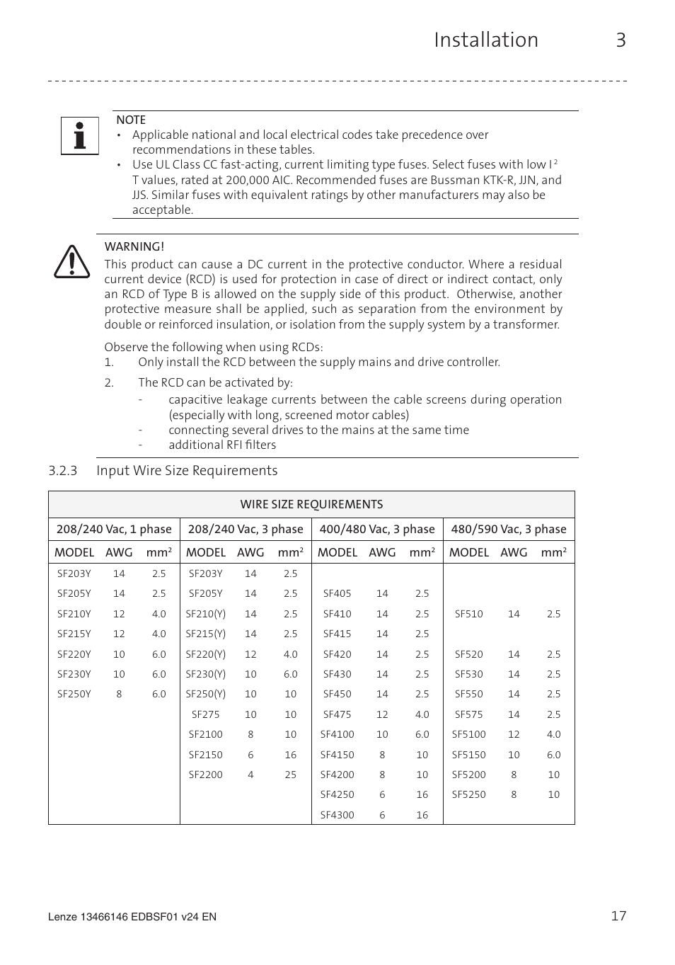 Installation 3, 3 input wire size requirements | Lenze SCF frequency inverter User Manual | Page 17 / 68