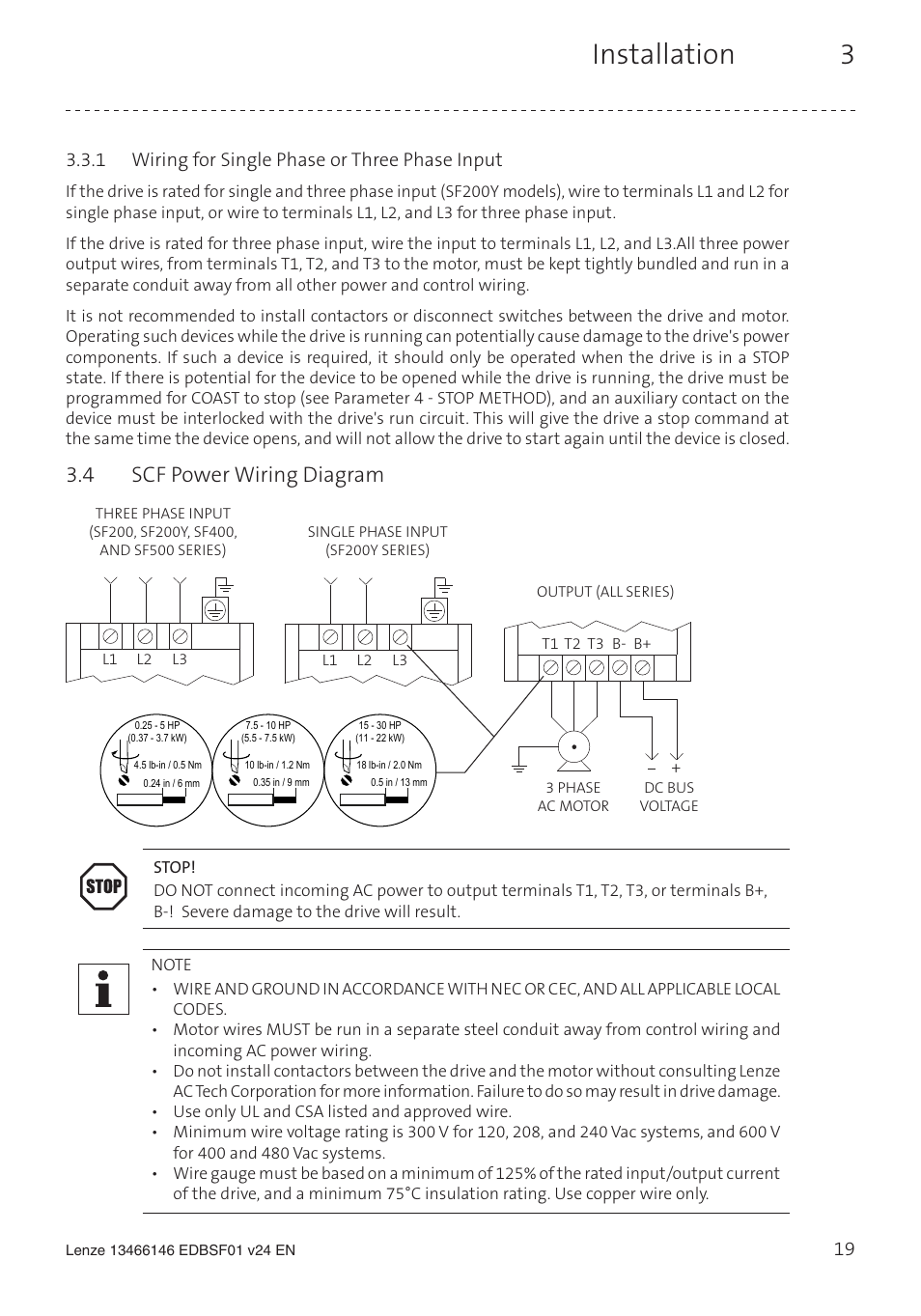 Installation 3, 4 scf power wiring diagram, 1 wiring for single phase or three phase input | Lenze SCF frequency inverter User Manual | Page 19 / 68