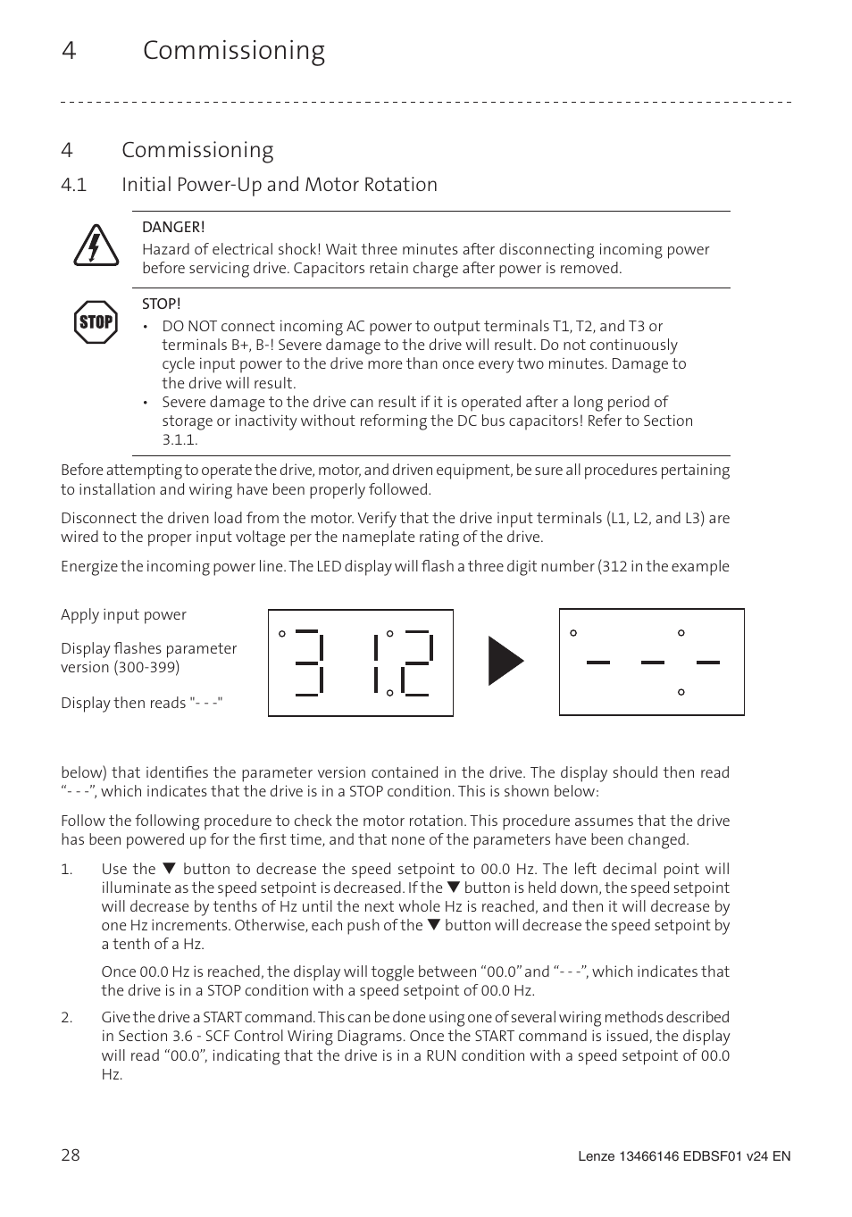 4 commissioning, 1 initial power-up and motor rotation | Lenze SCF frequency inverter User Manual | Page 28 / 68