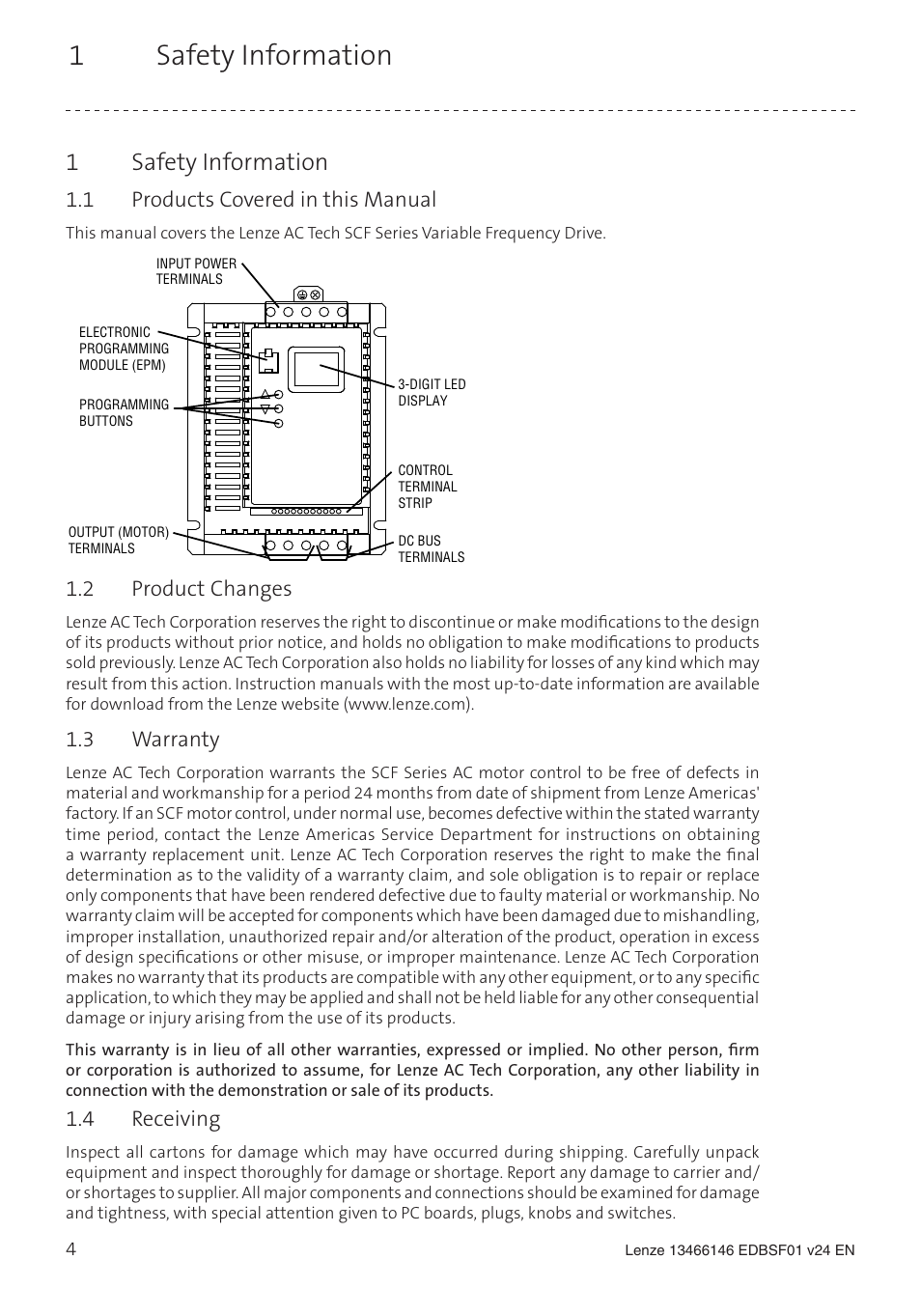 1safety information, 1 products covered in this manual, 2 product changes | 3 warranty, 4 receiving | Lenze SCF frequency inverter User Manual | Page 4 / 68