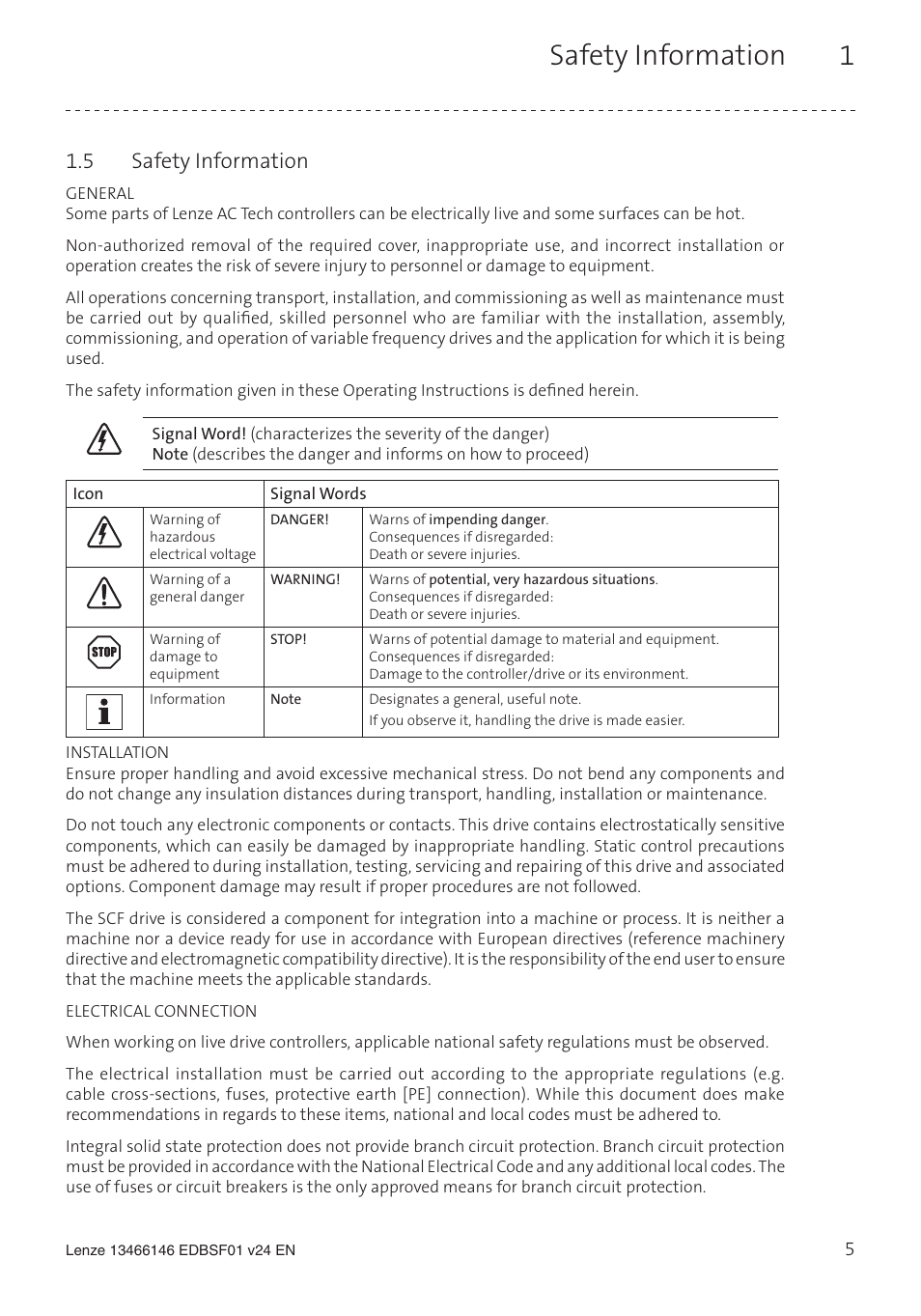 Safety information 1, 5 safety information | Lenze SCF frequency inverter User Manual | Page 5 / 68
